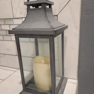 Gray Metal Lantern with Cream LED Candle - Home Accents